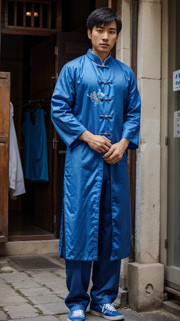 a man, blue Chinese clothes