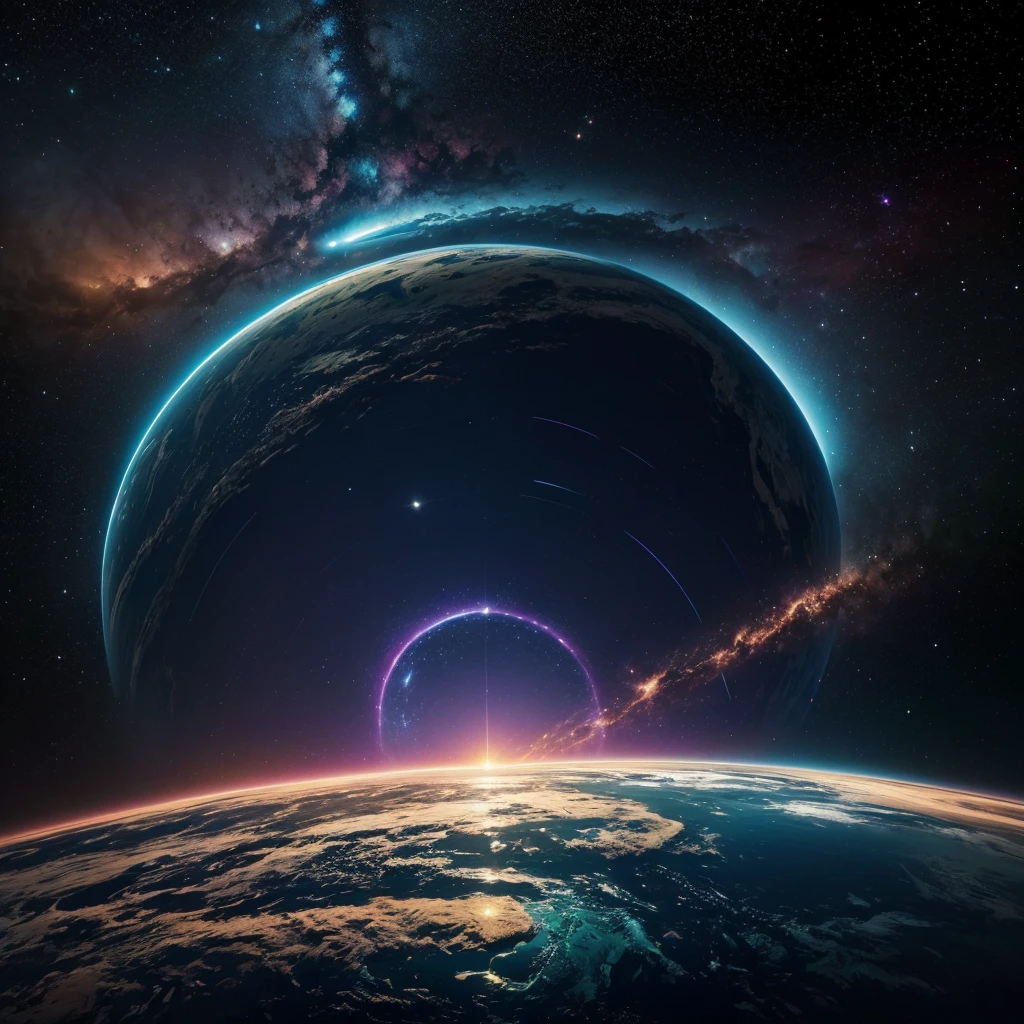 Create an extremely realistic and detailed image of a division between space and Earth. On one side, show space with bright stars, colorful nebulas, and distant planets. On the other side, depict Earth with richly detailed landscapes, such as mountains, forests, oceans, and illuminated cities. The dividing line between space and Earth should be sharp, showing the Earth's atmosphere with color gradations from blue to the black of space. Add details like satellites orbiting the Earth and a space station near the dividing line. The image should be visually stunning, capturing the contrasting beauty of the cosmos and our planet.
