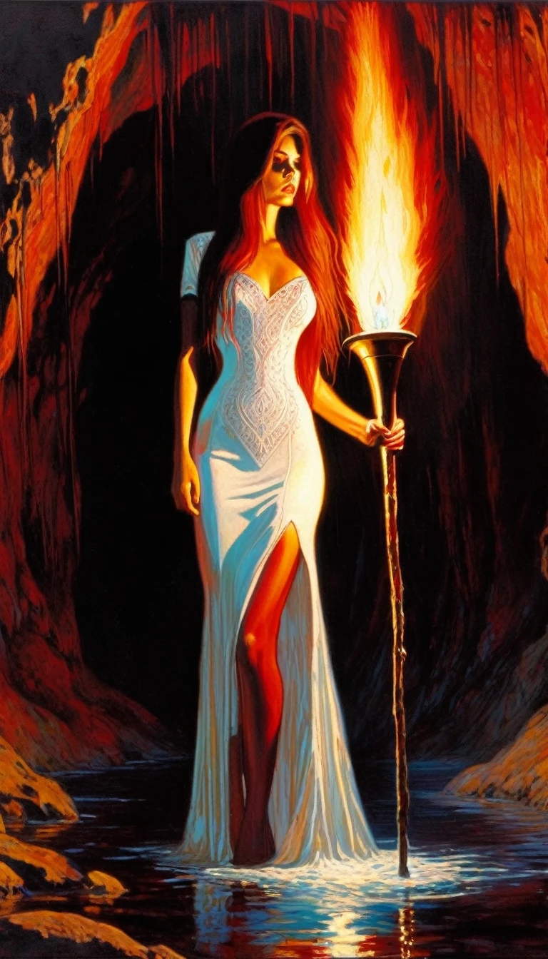 girl with long hair, very sexy, in a cave full of dirty water, carrying a torch, wearing a tight white embroidered dress full of blood, ritual, large scene image hot springs with candles: 1.5 terror, horror tones,(art inspired by Bill Sienkiewicz). oil painting)
