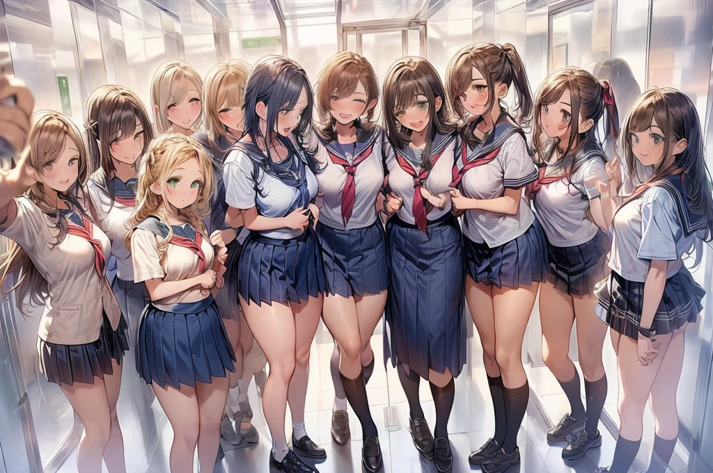 (Beautiful detailed eyes), (Beautiful detailed face), (ultra-detailed), (masterpiece), sweat, (blonde hair), (shag hairstyle:1.1), (3girls), (multiple girls), (standing:1.0), Cameltoe, (huge breasts), (underboob), (skinny thigh), (slim waist), (smile), (school uniform:1.4), (xueshengzhuang:1.4), (microskirt:1.4), (black thighhighs), (plaid), (school), (in class room:1.2), (open mouth), (tongue out:1.25), (midriff), (navel), (lace-trimmed panties), (black panties:1.2), (crop school uniform), (sleeveless:1.4), (skirtlift:1.4), (bare shoulder:1.4), (garter belt)