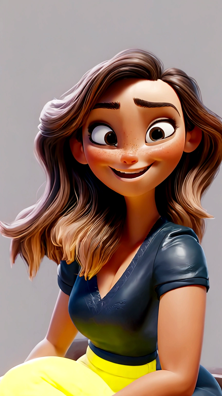 Create a Disney 3d Pixar-style character, Woman, white, long light brown hair, blouse with short sleeves black, lemon yellow pants, sitting, Grinning, doing selfie, RIGHT side of the face very close to the camera