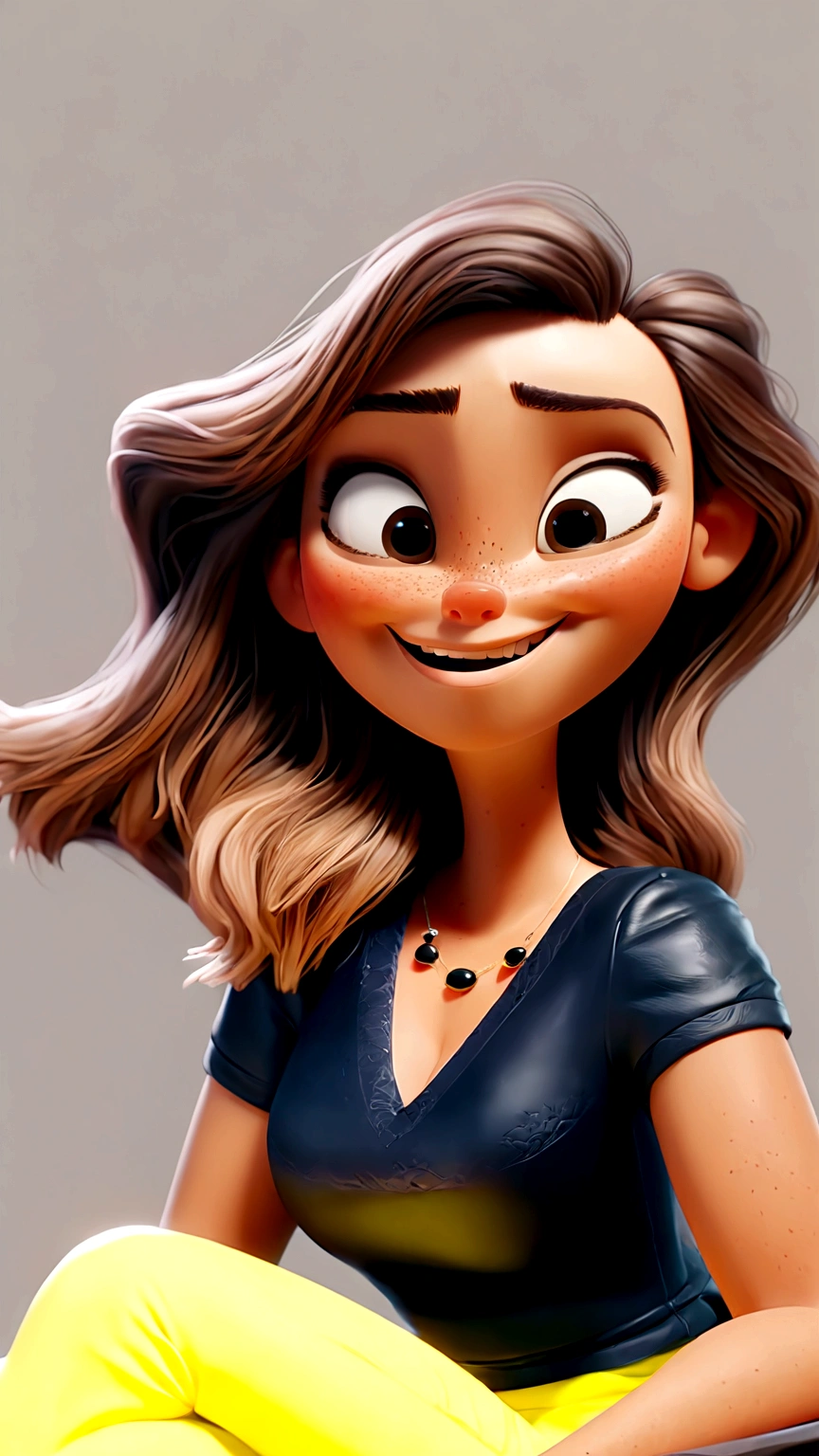 Create a Disney 3d Pixar-style character, Woman, white, long light brown hair, blouse with short sleeves black, lemon yellow pants, sitting, Grinning, doing selfie, RIGHT side of the face very close to the camera