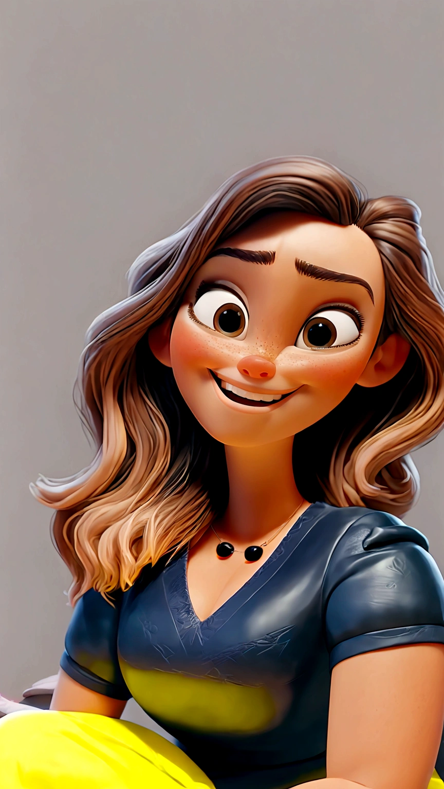 Create a Disney 3d Pixar-style character, Woman, white, long light brown hair, blouse with short sleeves black, lemon yellow pants, sitting, Grinning, doing selfie, RIGHT side of the face very close to the camera