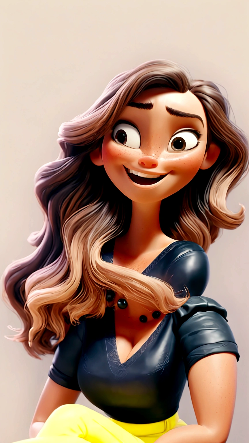 Create a Disney 3d Pixar-style character, Woman, white, long light brown hair, blouse with short sleeves black, lemon yellow pants, sitting, Grinning, doing selfie, RIGHT side of the face very close to the camera