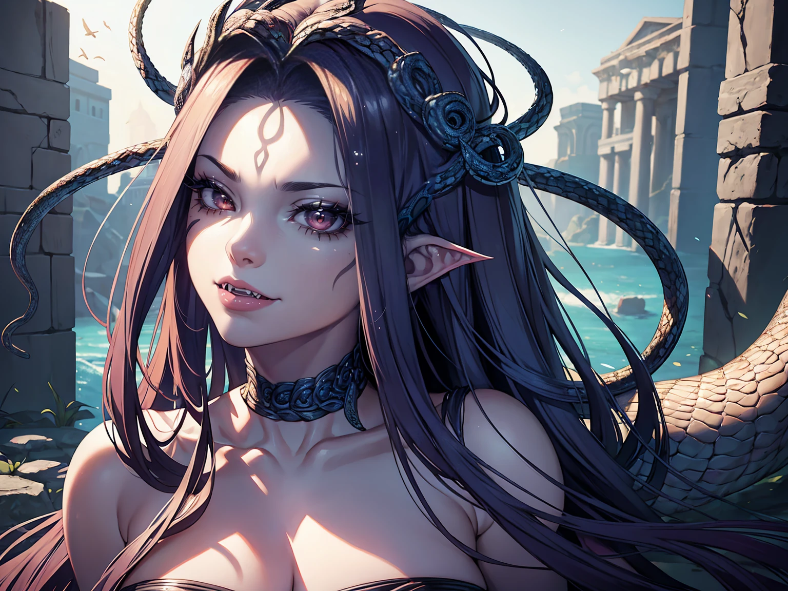 A hyper-realistic depiction of Medusa, the Gorgon from Greek mythology. She has a fierce and beautiful face, and when she smiles, her sharp fangs are visible. Her hair is composed of living snakes, each with scales and realistic texture. A tongue protrudes from the serpent's mouth. Her skin is pale and black with intricate patterns that add to her menacing appearance. The background is dark and blurred, emphasizing her striking features. A close-up of her face and upper body focuses on her expression and the detail in the snake's fur.