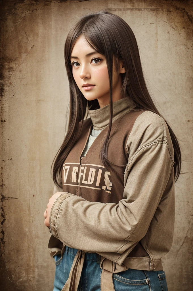 Vintage anime-inspired clothing brand logo, large antique-style "CF" letters, weathered texture. "Chad fashions" in smaller, worn text directly below CF. Muted sepia tones, faded reds, and dusty blues. Subtle anime motifs, aged paper background. Vector-style, high contrast for readability. Conveys nostalgic anime aesthetic with timeworn charm.