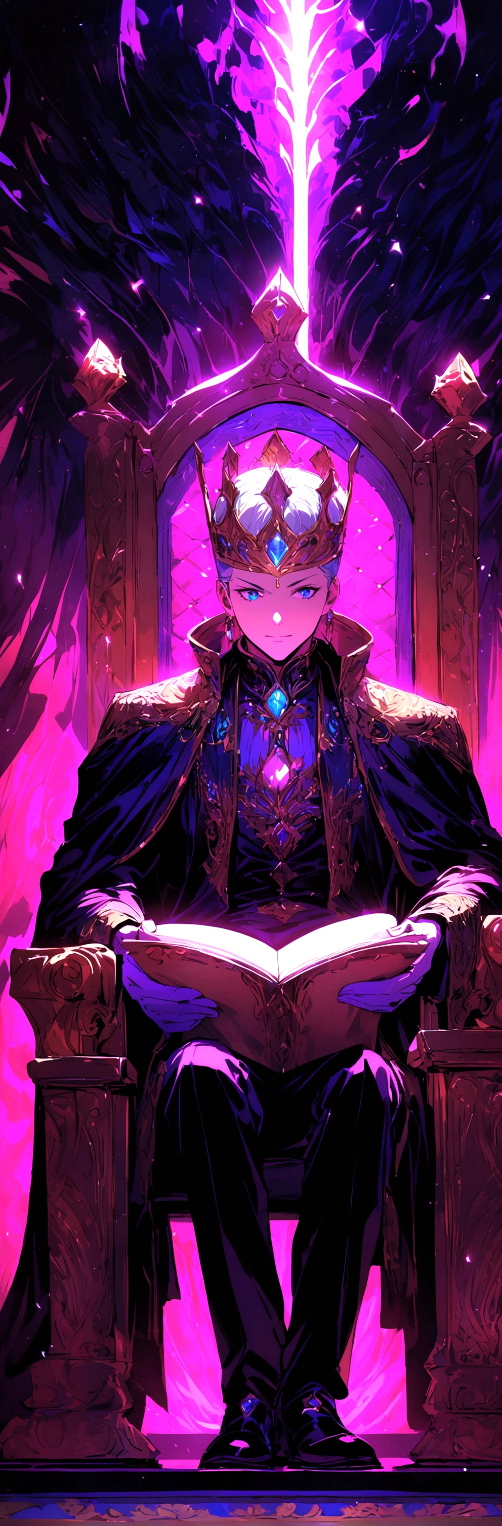 King on throne , reading a scroll , front perspective 