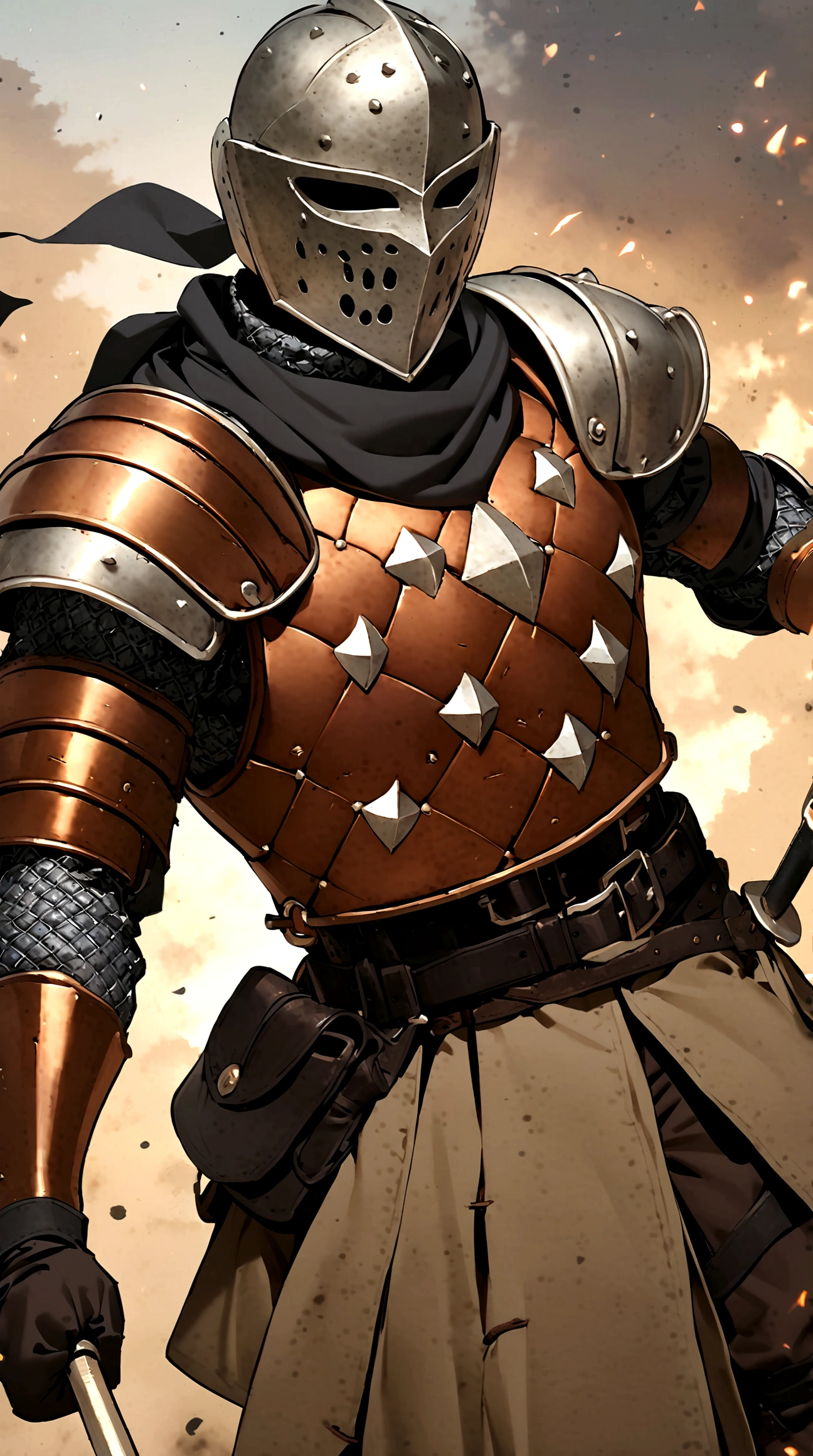 1boy, armor, light armor, gambeson, chainmail, brown pants, boots, copper armor, chestplate, bandolier, belts, shoulder plates, light shoulder armor, arm armor, leg armor, side skirts, black skirts, tattered scarf, black scarf, helmet, face-like helmet, metal mask, fencing, rapier, buckler, Height=1.83m, BodyType=slim fit, hidden face, faceless, masked, helmet, full helmet, midjourney. metal face, Baldwin mask, Roman face mask, metal face, copper armor, copper color, color cobre, armadura color cobre,