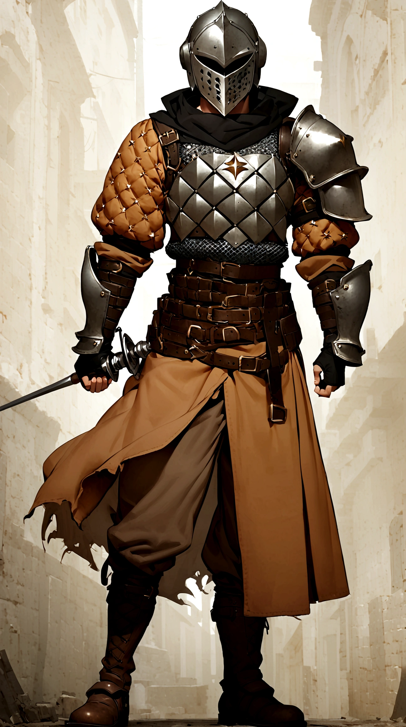 1boy, armor, light armor, gambeson, chainmail, brown pants, boots, copper armor, chestplate, bandolier, belts, shoulder plates, light shoulder armor, arm armor, leg armor, side skirts, black skirts, tattered scarf, black scarf, helmet, face-like helmet, metal mask, fencing, rapier, buckler, Height=1.83m, BodyType=slim fit, hidden face, faceless, masked, helmet, full helmet, midjourney. metal face, Baldwin mask, Roman face mask, metal face, copper armor, copper color, color cobre, armadura color cobre,