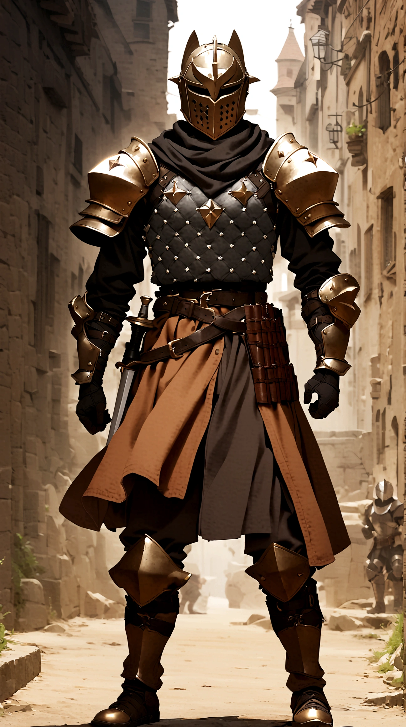1boy, armor, light armor, gambeson, chainmail, brown pants, boots, copper armor, chestplate, bandolier, belts, shoulder plates, light shoulder armor, arm armor, leg armor, side skirts, black skirts, tattered scarf, black scarf, helmet, face-like helmet, metal mask, fencing, rapier, buckler, Height=1.83m, BodyType=slim fit, hidden face, faceless, masked, helmet, full helmet, midjourney. metal face, Baldwin mask, Roman face mask, metal face, copper armor, copper color, color cobre, armadura color cobre,