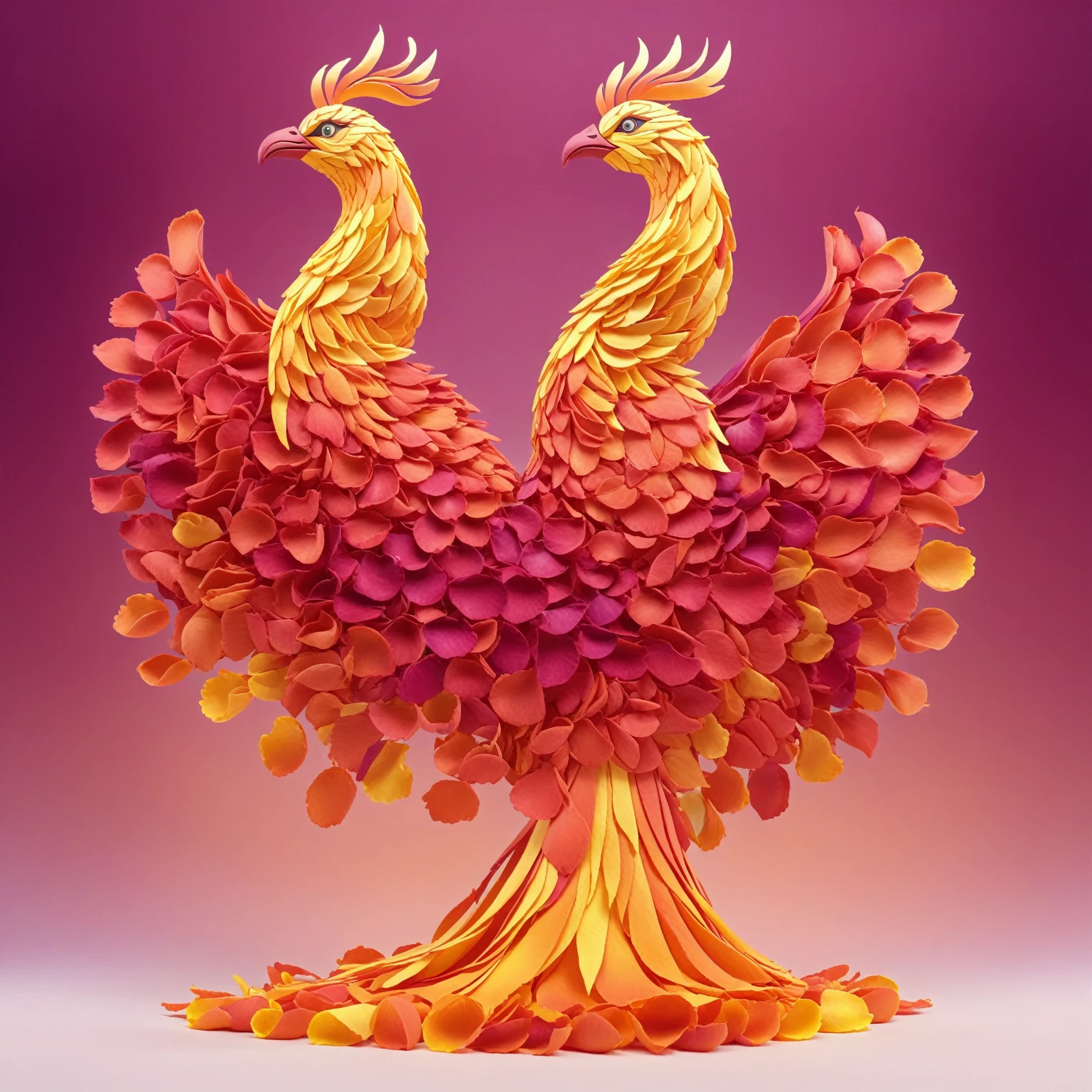 beautiful majestic phoenix made of petals standing, (gradient background),