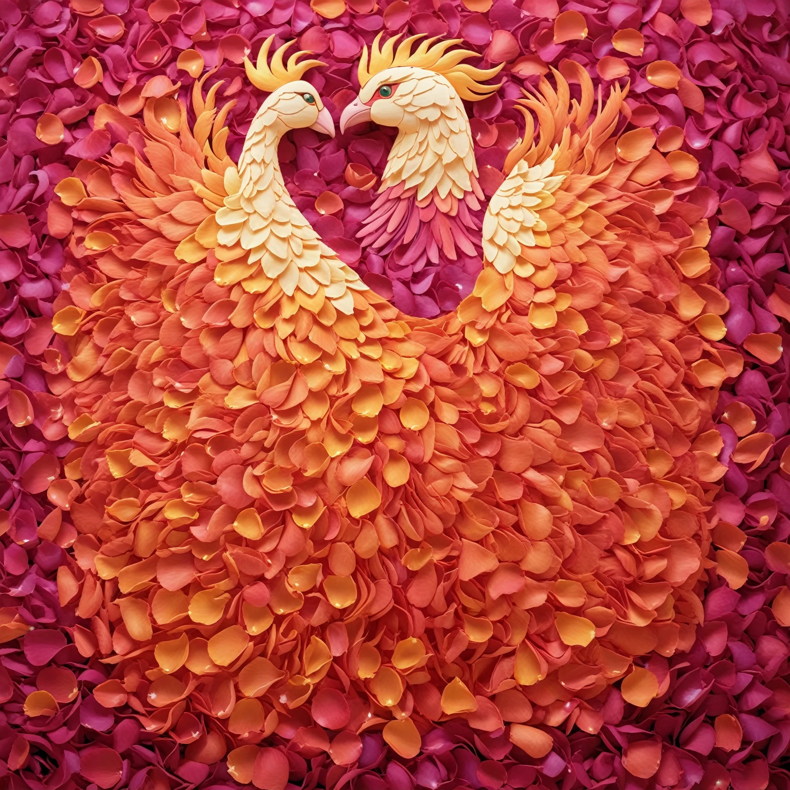 beautiful majestic phoenix made of petals standing, (gradient background),