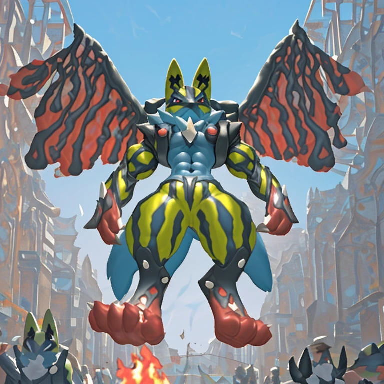 (Solo. masterpiece. official art. 8k. best quality. detailed full body. full body.)
(situation 1 : dominating Shiny_Mega_Lucario. Shiny_Mega_Lucario is over 1000 meters long. focus GIANT mechanical Muscular Shiny_Mega_Lucario is trampling the city. Looking down. macro. stomp. Low-angle perspective. emphasizing the immense size. He is much bigger than a skyscraper. Giga Giants. looking down. foot focus, (soles:1.2))
(situation 2 :smoke and flames rising from the destruction in the city)
(Additional details 1: wearing a full-face helmet. golden armor. high-tech bio-mecha armor. real texture material. whole body shines like metal. emphasizes the muscles. suit fully made of metal. intricate armor. Robotic suit. suit fully made of metal.).
(Additional details 2: (Detailed head. Detailed Body. Detailed abs. gigantic muscles. HYPER MUSCLES. Gigachad Muscular. big muscle. pecs. triceps. traps. unusually developed muscular body. body full of huge muscles. showing off muscles. pectorales enormes. Exaggeratedly huge muscles. huge muscles. long legs. abs.).
(Additional details 3: Spread wings. It has wings. have big wings. The claws are sharp. Sharp teeth.).