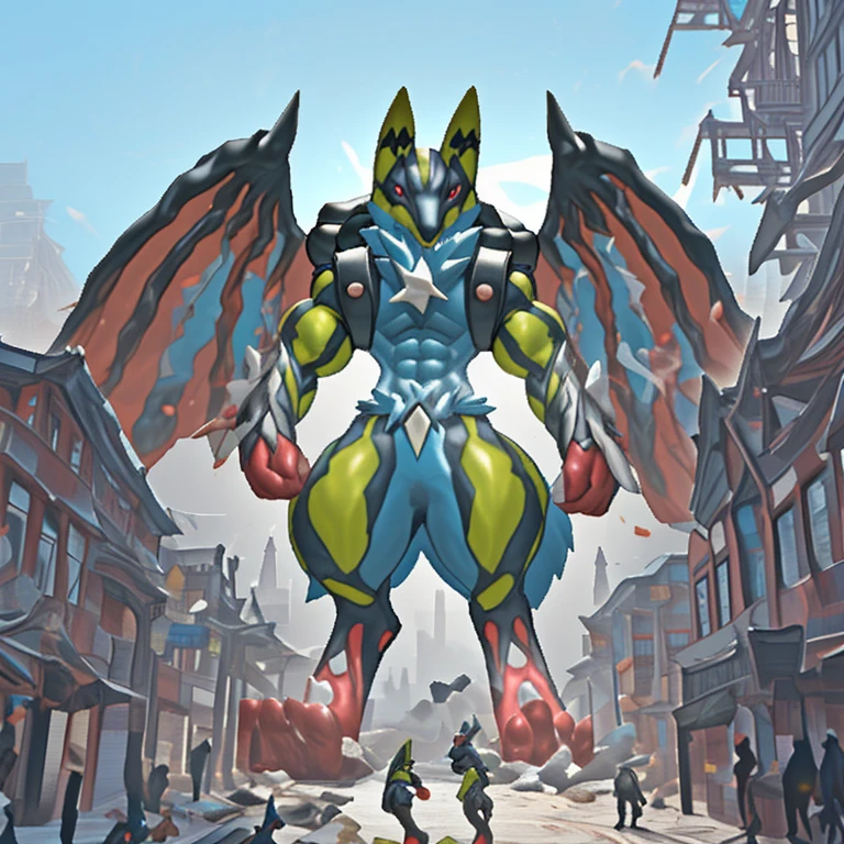 (Solo. masterpiece. official art. 8k. best quality. detailed full body. full body.)
(situation 1 : dominating Shiny_Mega_Lucario. Shiny_Mega_Lucario is over 1000 meters long. focus GIANT mechanical Muscular Shiny_Mega_Lucario is trampling the city. Looking down. macro. stomp. Low-angle perspective. emphasizing the immense size. He is much bigger than a skyscraper. Giga Giants. looking down. foot focus, (soles:1.2))
(situation 2 :smoke and flames rising from the destruction in the city)
(Additional details 1: wearing a full-face helmet. golden armor. high-tech bio-mecha armor. real texture material. whole body shines like metal. emphasizes the muscles. suit fully made of metal. intricate armor. Robotic suit. suit fully made of metal.).
(Additional details 2: (Detailed head. Detailed Body. Detailed abs. gigantic muscles. HYPER MUSCLES. Gigachad Muscular. big muscle. pecs. triceps. traps. unusually developed muscular body. body full of huge muscles. showing off muscles. pectorales enormes. Exaggeratedly huge muscles. huge muscles. long legs. abs.).
(Additional details 3: Spread wings. It has wings. have big wings. The claws are sharp. Sharp teeth.).