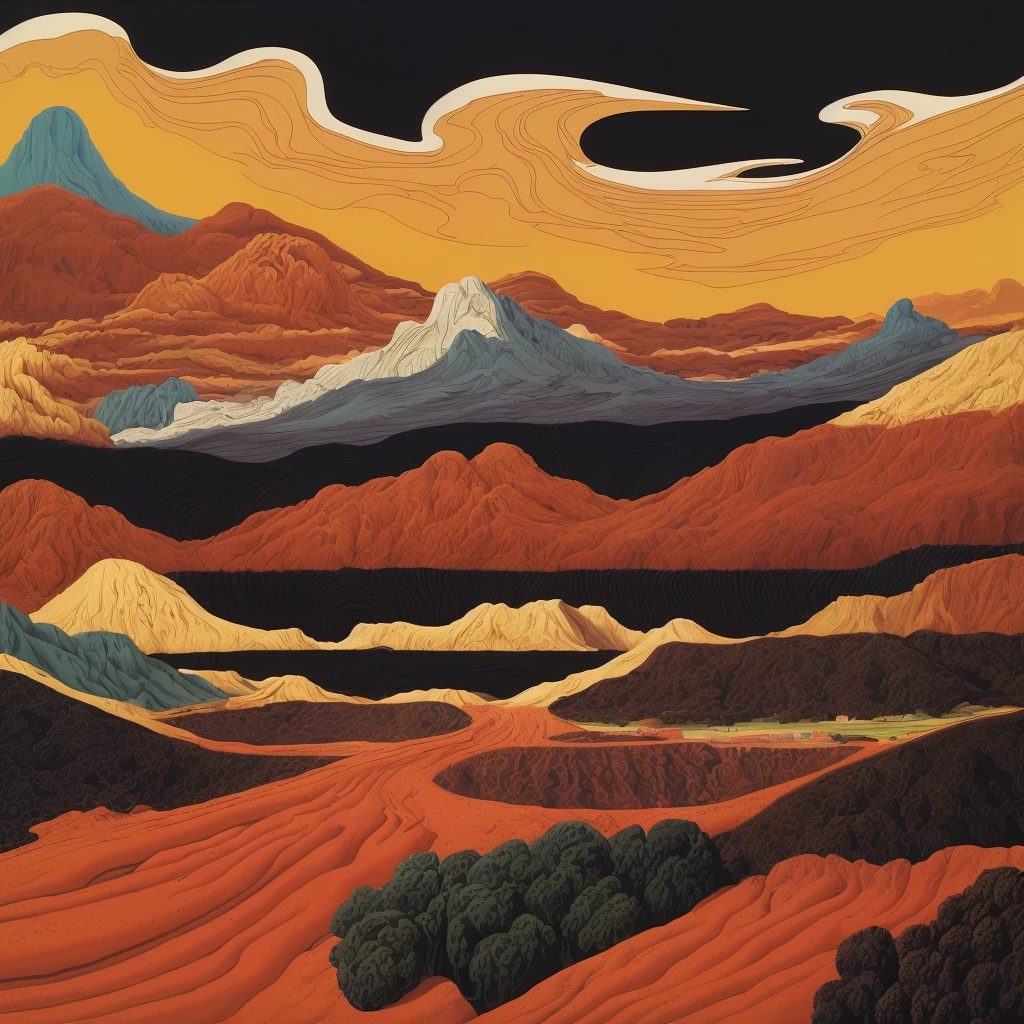 professional photograph of a superficial and panoramic scenery  by  Boris Vallejo and Patrick Caulfield and walker evans , bold lines, hyper detailed, dark limited palette, dramatic lighting,  (intricate details, masterpiece, best quality:1.4),
