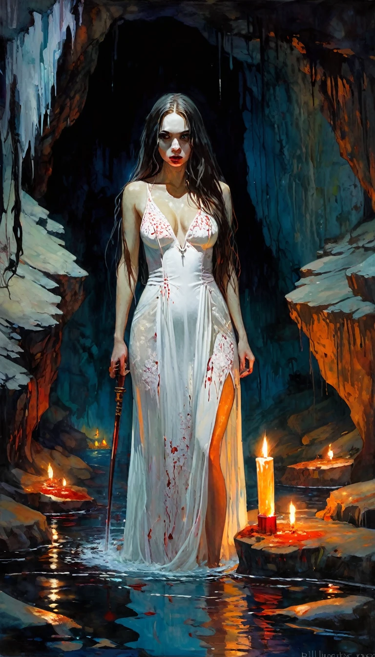girl with long hair, very sexy, in a cave full of dirty water, water up to her waist, carrying a torch, wearing a tight white embroidered dress full of blood, ritual, large scene image hot springs with candles: 1.5 horror, tones horror, (art inspired by Bill Sienkiewicz). oil painting)