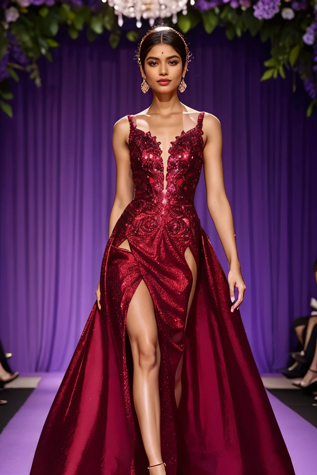 An Indian woman in a (( violet-red dress)) standing in front of a flowery background, violet-red dress, ornate violet-red clothing, flowing gown, violet-red dress, dressed in a beautiful gown, violet-red tones, violet-red, an elegant violet-red, beautiful flowing fabric, stunning elegant, extravagant dress, stunning elegant pose, elegant evening gowns!, flowy dress, graceful and elegant.