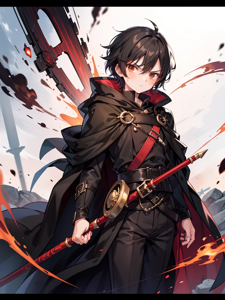 masculine teenage boy, medium length black hair, brown eyes, black cloak, black and red aura, angry expression, red spear