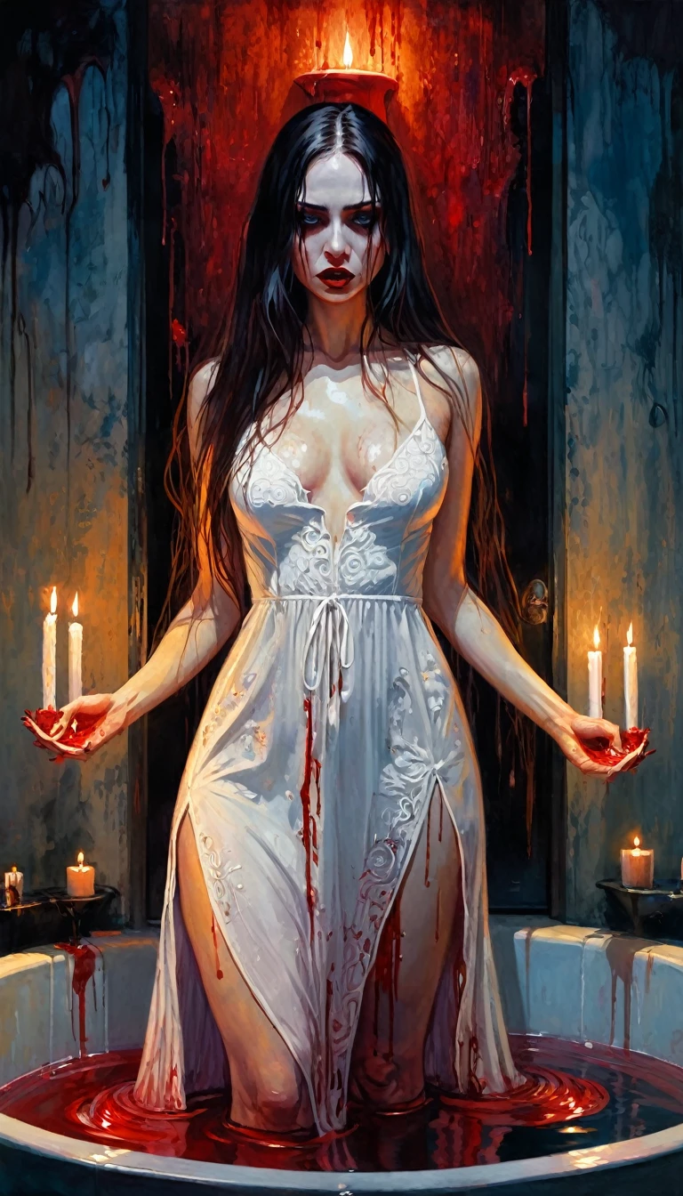 girl with long hair, very sexy, enters a blood baths with a tight white embroidered dress, ritual, great scene image baths with candles: 1.5 terror, horror tones, (art inspired by Bill Sienkiewicz). oil painting)
