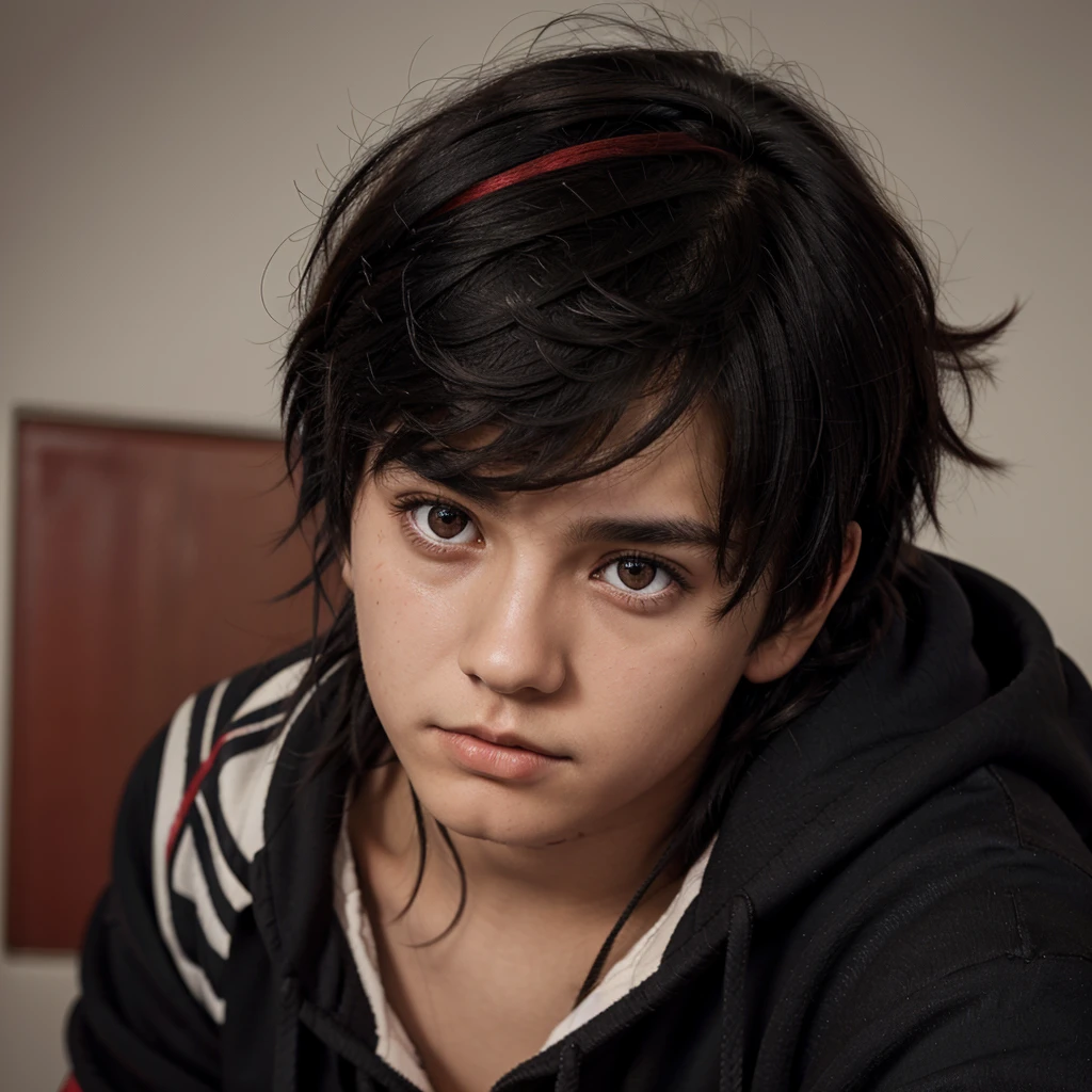 a boy with black hair and red eyes. messy hair. Lost look. wearing a black hoodie. (close up:1.1)