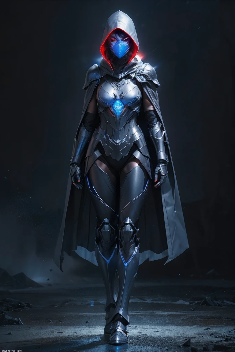 Advance heavy armored girl, grey hood and cape, background dark space battlefield, heavy rain, red short hair, blue glowing beautiful eyes, (full body shot), blue glowing lined simple armor plate, dark environment, high detailed face, Advance mask, intense war, 2d hair, eyes , 3d realistic background(like mappa)