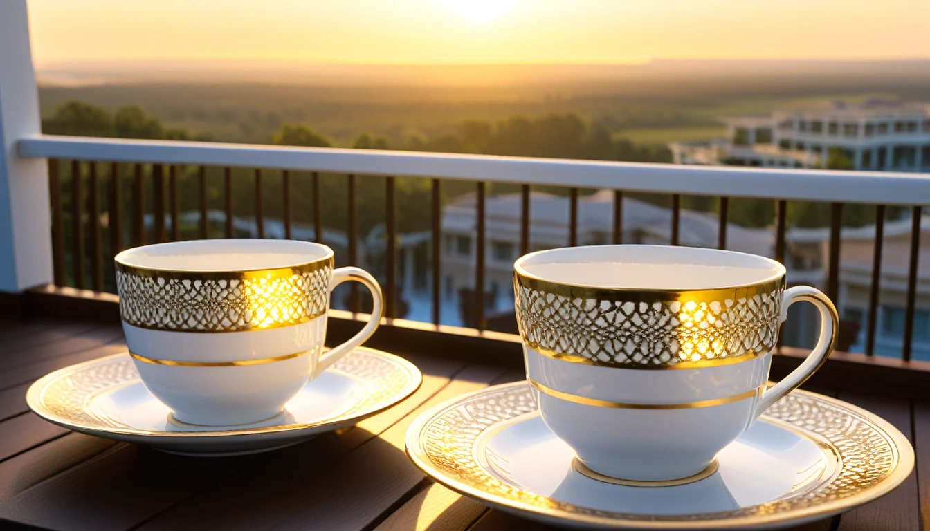 Porcelain cups with intricate gold designs, set on matching plates. The cup and saucer are placed on a table near the balcony railing, with America in the background in the warm light of the rising sun. The land of the free stands majestically in the distance, and the scene is framed by the early morning. ultra realistic, ultra hd, 8k, photography
