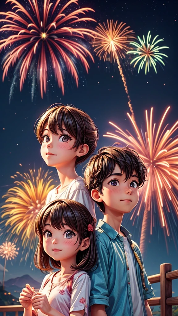 Tanabata Night、Young couple looking up at fireworks