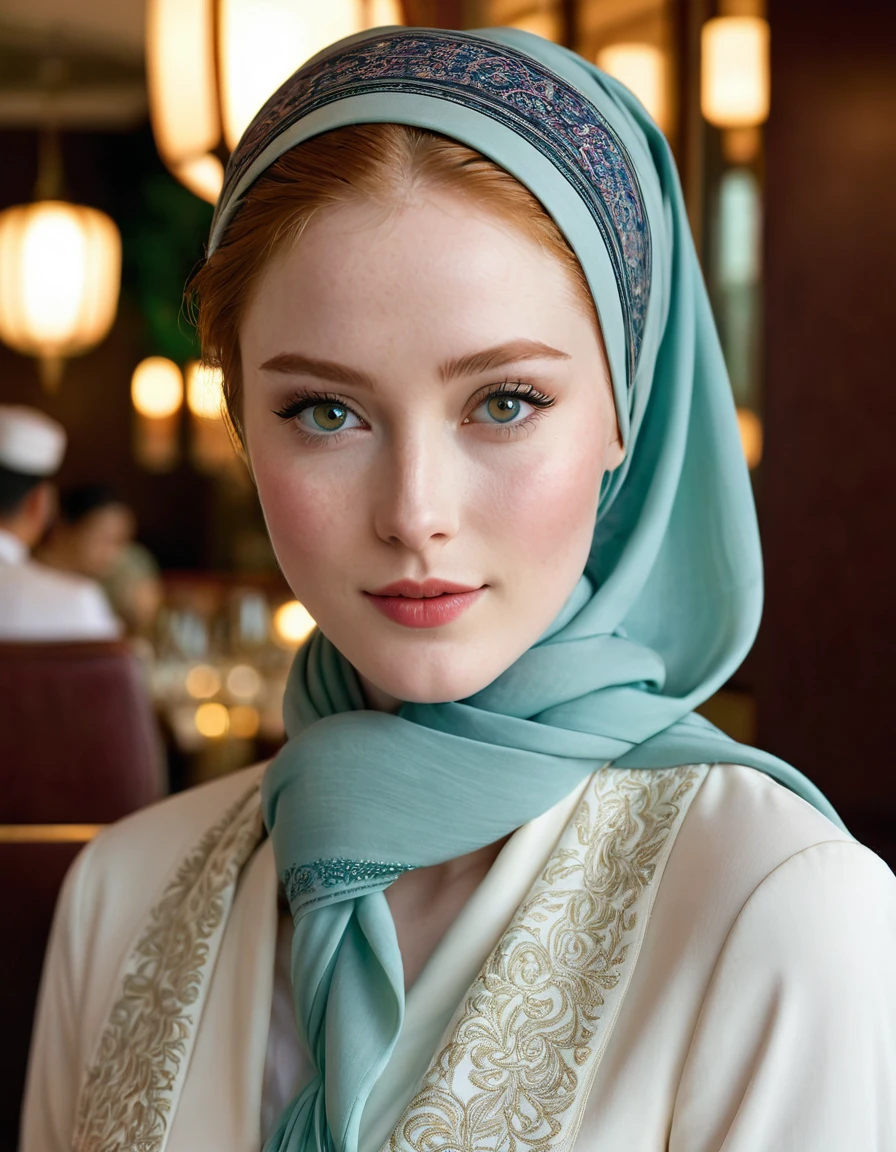 photography full body portrait of very beautiful realistic girl, on a boat in Bosphorus strait, porcelain skin, very fair skin, very pale skin, redhead, wavy, ponytail, very detail skin texture, hazel eyes, slanted eyes, small nose, small nostril, think curved eyebrow, thick bottom lip, seductive gaze, happy face, unique face, wear a headscarf hijab, detail photo, realistic photo, master piece picture, sharp picture, outdoor clear daylight, Blue Mosque background