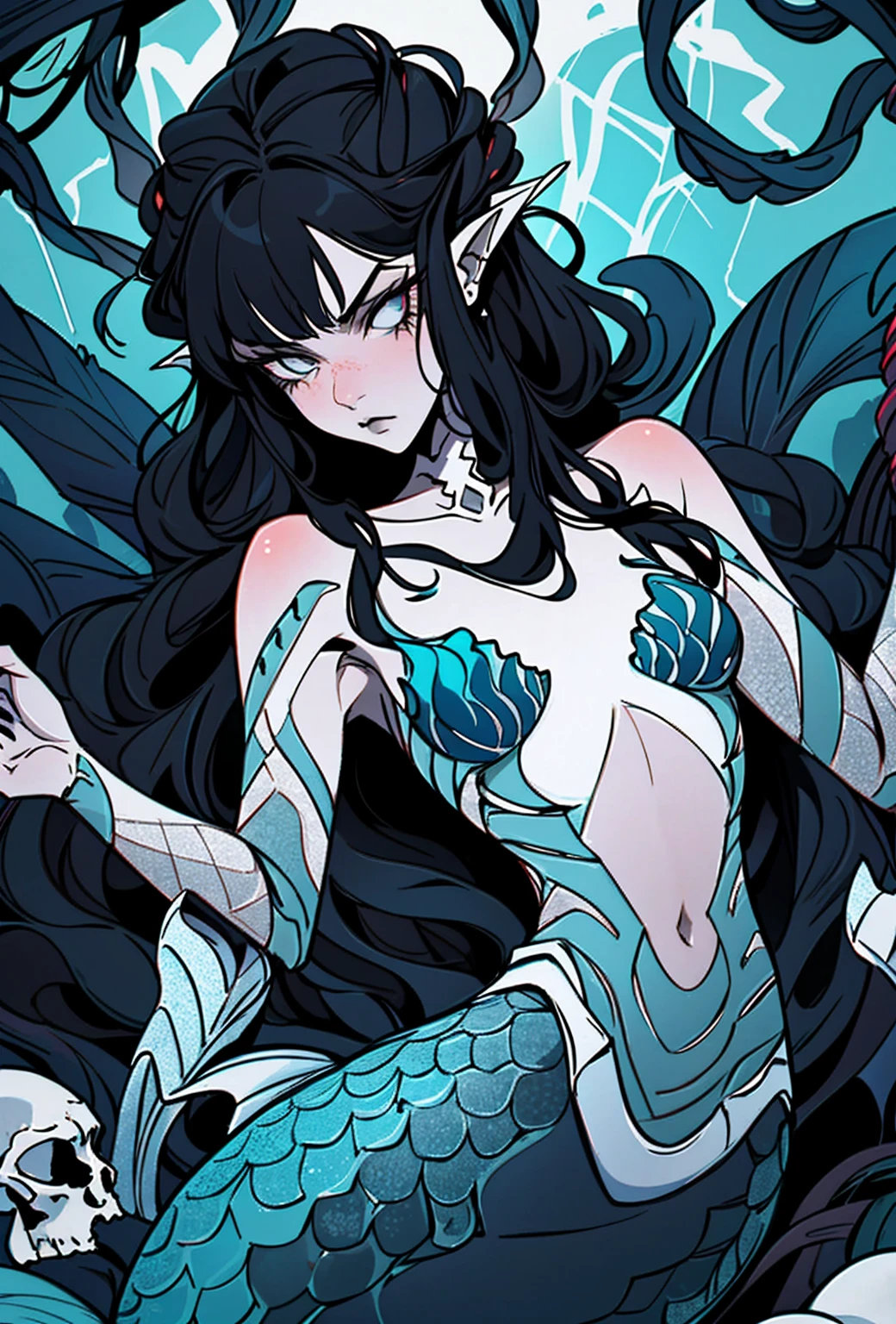 {-erro_de_anatomia:1.0} woman 30 years old, underwater, skeleton, corpse,Under the sea, where coral tendrils and vines abound, a woman (mermaid), long blond hair (blond hair) looks at you amidst a pile of bones and skulls. Indifferent look , merciless. Lying among the skulls.
