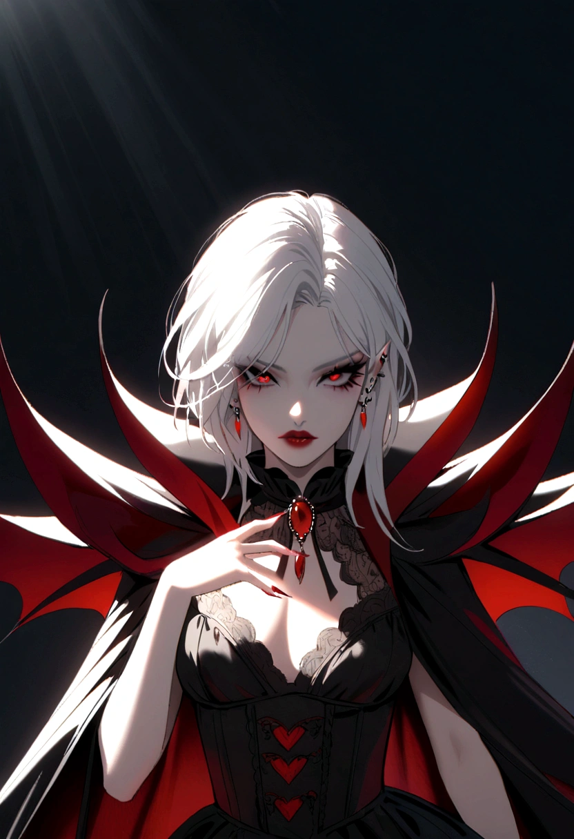 Beautiful vampire woman , long  white  hair , Eyes red , black gown , black victorian dress , piercing look and red lipstick 