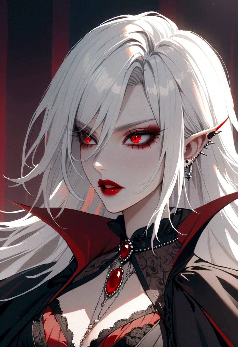 Beautiful vampire woman , long  white  hair , Eyes red , black gown , black victorian dress , piercing look and red lipstick 