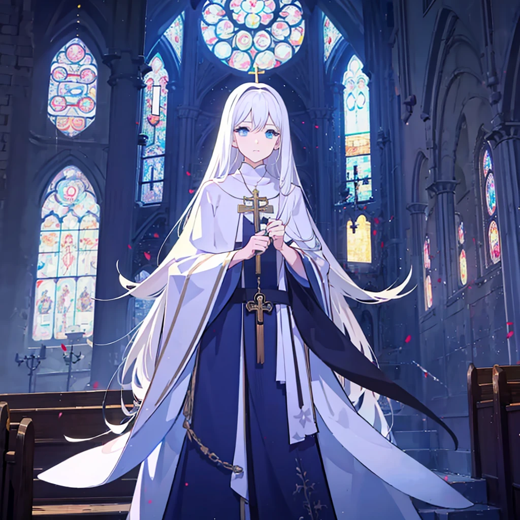 1girl, white hair, solo focus, clearly, blue eyes, very long hair, stole, priest, Bishojo, church