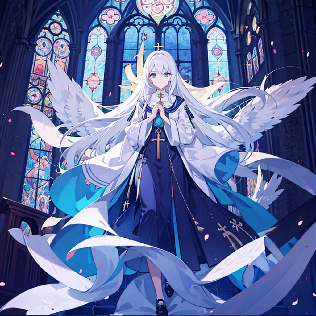 1girl, white hair, solo focus, clearly, blue eyes, very long hair, stole, priest, Bishojo, church