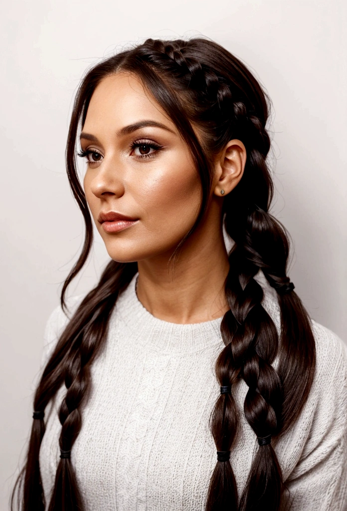 a beautiful woman, 35 years old, hair in ((two)) braids on each side, fine hair