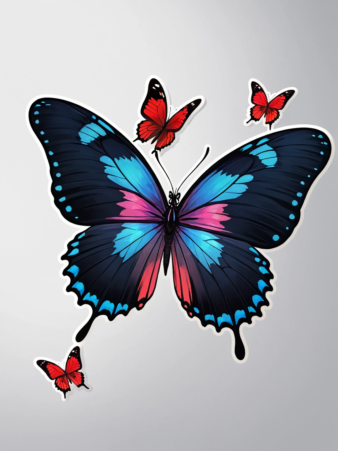 3 butterflies, maximum quality, sticker, red butterfly, flying, dark background