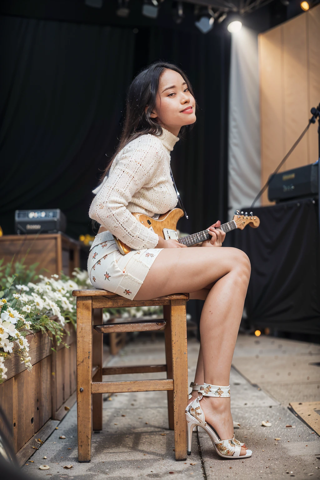 masterpiece, best quality, ultra detailed, high resolution, 1 girl, ((pretty lady MoonLay)), Burmese girl, ((pretty lady MoonLay's seductive sweet face with sweet smile:1.2)), ((playing guitar:1.5)), ((singing with confident)), ((electric guitar)), ((stage background:1.5)), golden hour setting, 8k, (black sweater turtleneck tight blouse), ((many white flowers pattern printed on black mini skintight skirt:1.2)), (stylishly sitting on stylish stage stool), (((crossing legs:1.1))), (stiletto high heel), ((full body tilted side view:1.5)), ((blur background with star shaped bokeh effect to highlight portrait better)), (vibrant HDR lighting),