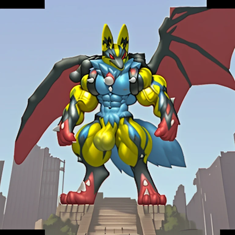 (Solo. masterpiece. official art. 8k. best quality. detailed full body. full body.)
(situation 1 : dominating Shiny_Mega_Lucario. Shiny_Mega_Lucario is over 1000 meters long. focus GIANT mechanical Muscular Shiny_Mega_Lucario is trampling the city. Looking down. macro. stomp. Low-angle perspective. emphasizing the immense size. He is much bigger than a skyscraper. Giga Giants. looking down. foot focus, (soles:1.2))
(situation 2 :smoke and flames rising from the destruction in the city)
(Additional details 2: (Detailed head. Detailed Body. Detailed abs. gigantic muscles. HYPER MUSCLES. Gigachad Muscular. big muscle. pecs. triceps. traps. unusually developed muscular body. body full of huge muscles. showing off muscles. pectorales enormes. Exaggeratedly huge muscles. huge muscles. long legs. abs.).
(Additional details 3: Spread wings. It has wings. have big wings. The claws are sharp. Sharp teeth.).
(Additional details 4: golden hyper penis. hyper golden penis. big penis)