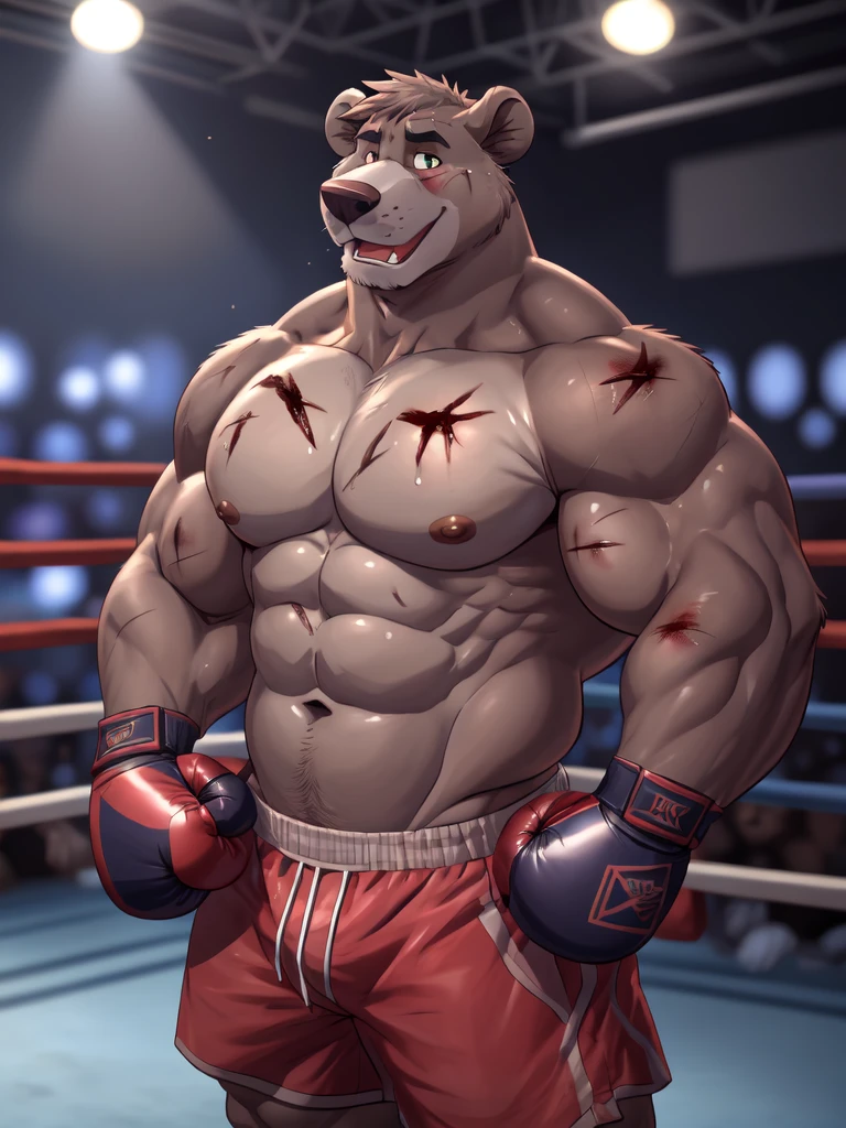 Lora:baloo, full height. 4k, high resolution, best quality, posted on e621, solo, anthro body, male bear, adult, masculine, (thick, strong pectorals, defined muscles, muscular shoulders), correct anatomy, (boxing ring background, gym background), (blurry background, out-of-focus background:1.2), (by wfa:1.0), (by takemoto arashi:1.0), (by Taran Fiddler:0.5), sexy, (cel shaded, cartoony shading:1.2), black lineart, black outline, flat coloring, (strong shadows, dark shadows:1.2), (pink shorts, topless, boxing gloves), sexy shadows, lion tail, slim posture, open mouth, open:1 eyes, detailed eyes, tilted head, exhausted, wet sweat:1.2, (bruised:1.6, shiner:1.2), lying