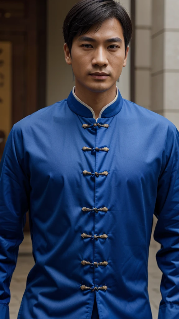 a man, blue Chinese clothes, close up, half body