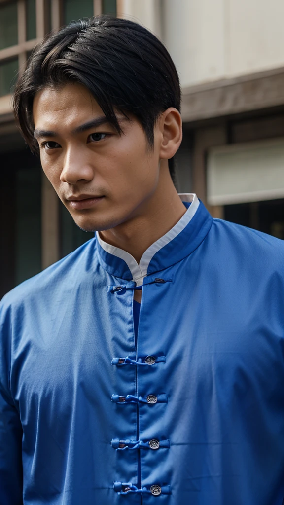 a man, blue Chinese clothes, close up, half body