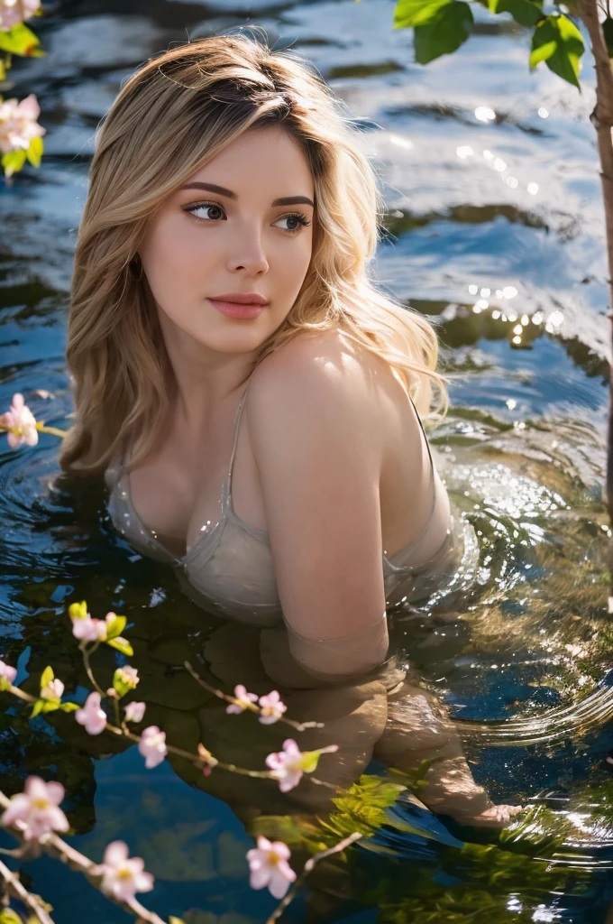 close up portrait of a beautiful woman (gold) bathing in a river, already, (backlight), realisitic, work of art, highest quallity, Lens flare, ombre, blossom, [[Chromatic aberration]], por Jeremy Lipking, by Antonio J.. Manzanedo, digitalpainting,