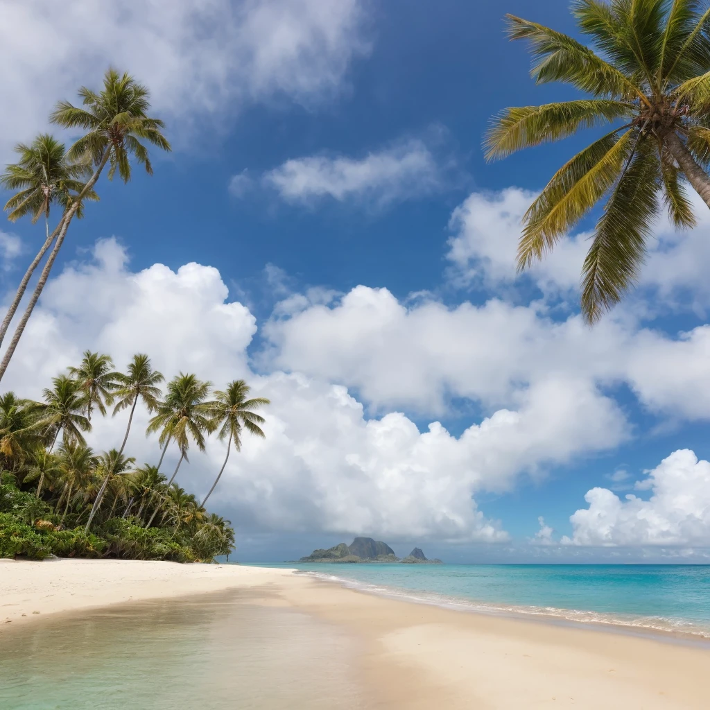 arafed island with palm trees and a sandy beach, tropical island, epic matte painting of an island, island in a blue sea, an island floating in the air, an island, island landscape, island floating in the sky, island background, monsoon on tropical island, island in the background, floating island, tropical location, island, island with cave, many islands, no humans, tree, cloud, sky, outdoors, scenery, day, palm tree, ocean, water, beach, blue sky, horizon, cloudy sky, nature, sand