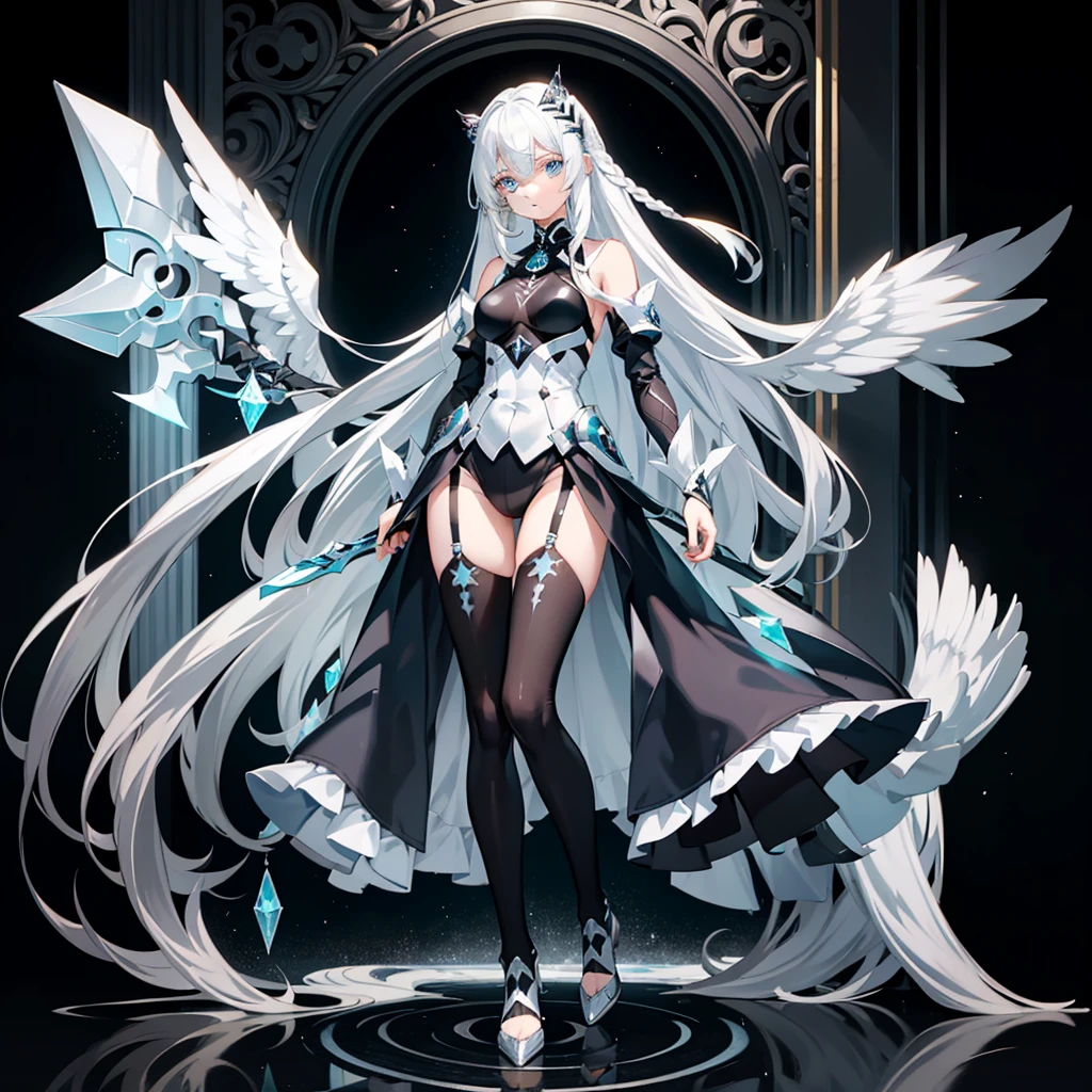 Long silver-white hair,Girl with crystal blue eyes,She wore a tights that looked like a combat suit,Places such as wrists and knees are hard armor,face expressionless,There are no emotions in the eyes,Icy cold,Light and dark background,A long white sword,((full body)),