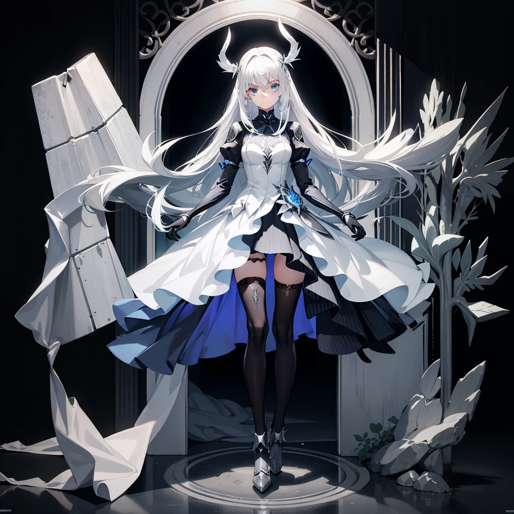 Long silver-white hair，Girl with crystal blue eyes，She wore a tights that looked like a combat suit，Places such as wrists and knees are hard armor，face expressionless，There are no emotions in the eyes，Icy cold，Light and dark background，A long white sword，((full body)),