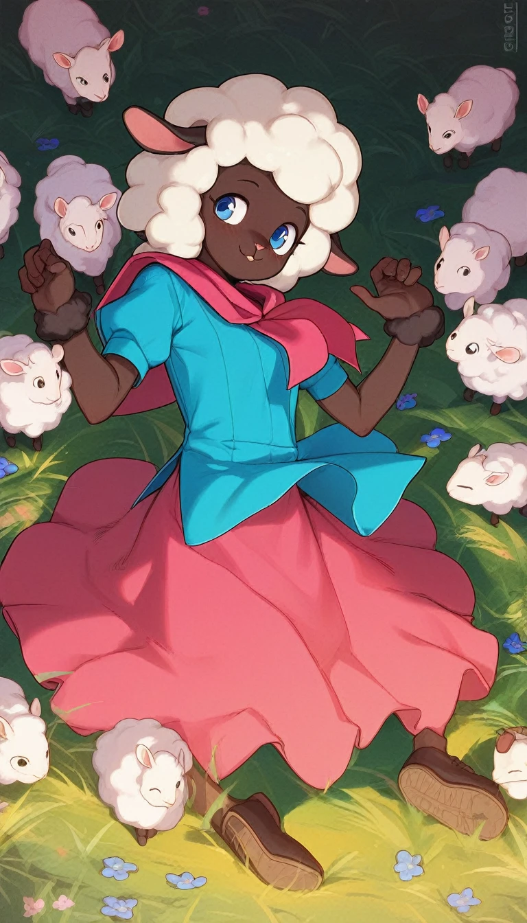 score_9, score_8_up, score_7_up, score_6_up, score_5_up,
detailed eyes, clean eyes,
detailed background, meadow, flowers,
BREAK, 1girl, dark-skinned female, anthro, sheep girl, white fur, sheep ears, white hair, (afro, hair over one eye), purple eyes, thick eyebrows, snout, body fur, furry, (muscular arms:1.4), (chubby), dirndl, german clothes, long dress, aqua dress, puffy short sleeves, collarbone, big breasts, underbust, sheep tail, small tail, flower in hair, standing, smile, chubby,
twirl_spin, holding dress, spinning, dancing, happy,
looking back at viewer