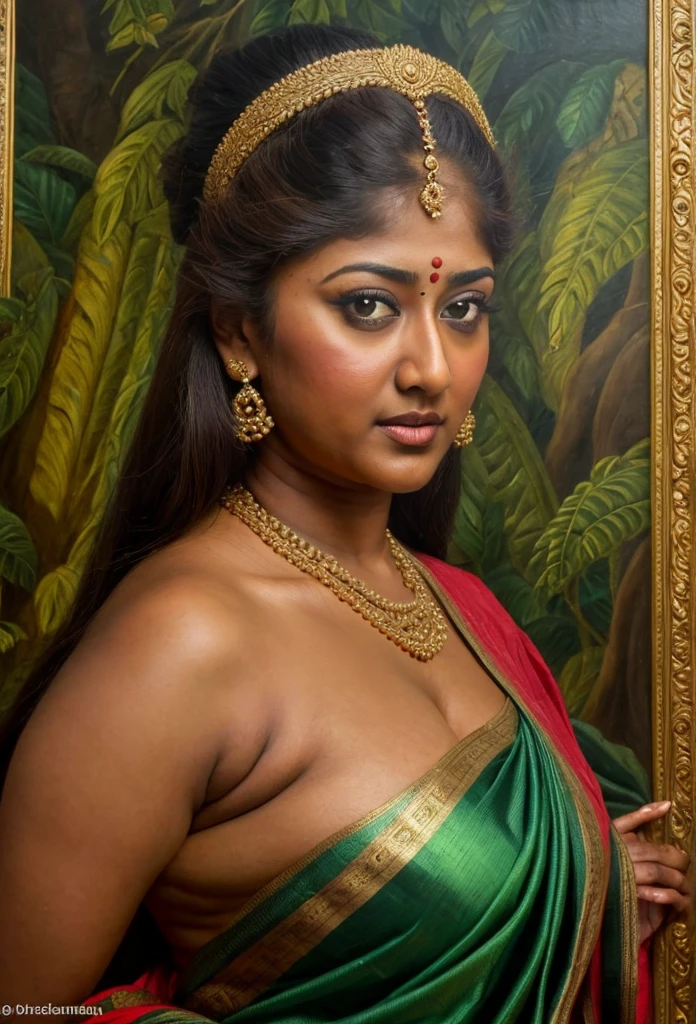 Looks like Nayanthara, exotic Indian art, inspired by oviyar maruthi style painting, inspired by mohanan manimala, Full figured beautiful woman, Apsara, Masterpiece, Beautiful Thick Woman, Best quality, high clarity eyes, critically flawless,sharp picture, Full portrait, High pixels, perfect face, perfect eyes, beautiful face, perfect hands,perfect fingers, in Peter Paul Rubens style, by Peter Paul Rubens, baroque style, acrylic on canvas, highly detailed, description: "Create a nymph inspired by the tales of Greek or Roman mythology, embodying the essence of a natural element or location, and possessing a unique ability or trait that sets her apart."