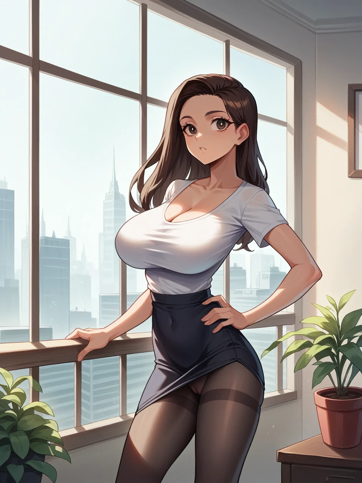 ((Best quality, 8k, Masterpiece :1.3)), Whole body, Sharp focus :1.2, A pretty woman with perfect figure :1.4, Slender abs :1.2, ((Dark brown hair, Big breasts :1.2)), body dress :1.1, (Night city view, Modern balcony :1.1), Highly detailed face and skin texture, Detailed eyes, Double eyelid, Small Bust, OL Uniform, Office Wear, white T-shirt, exposed cleavage, (Black Pantyhose), (No Panties), Interior Scene, Office