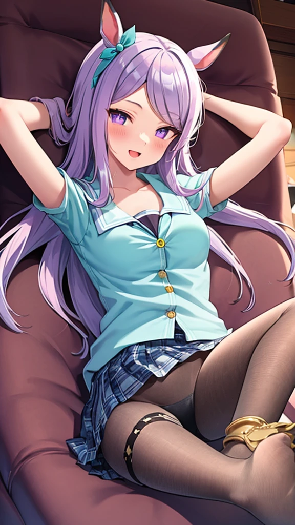 {{{NSFW}}},(masterpiece:1.2),(ultra quality:1.2),(ultra detailed:1.2),(ultra-high resolution:1.2),(very fine 8K CG wallpaper:1.2),Mejiro McQueen \(umamusume\),{1 girl,beautiful girl,cute,smile,kawaii, lovely,blushing,playful expression},sharp focus,oily skin,beautiful detailed hair,glossy hair,(wear school uniform:1.5),(lying on the bed:1.2),wear long school skirt,perfect two legs,(spread two legs:1.2),(show-off-white-panties:1.3),five fingers,large breaths,wear black pantyhose,beautiful detailed eyes,jewel like eyes,violet eyes, (two hands behind head:1.1),open mouth,armpits, solo,beautiful navel, looking at viewer,collarbone,earring