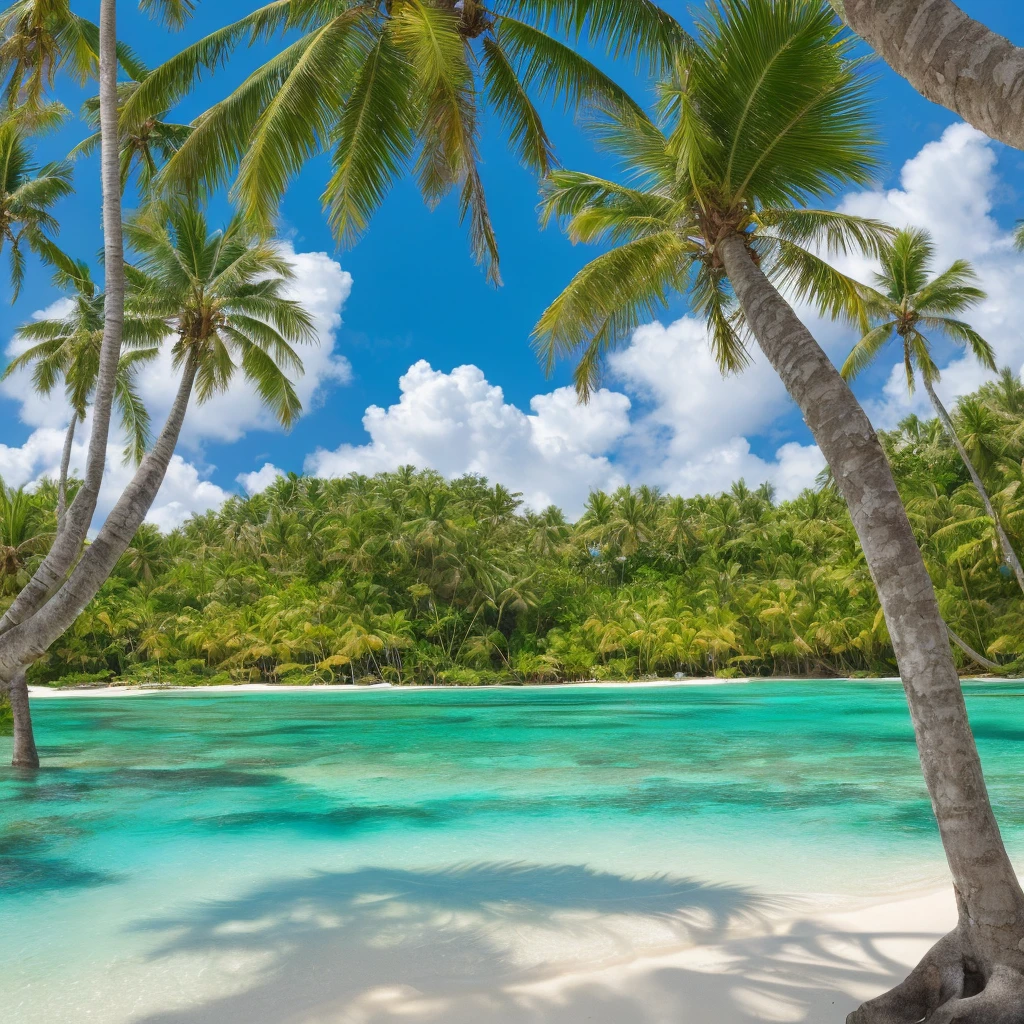 Tropical island with a sparkling lagoon, (Wide-angle view:1.2), Beautiful composition, Super sharp, crisp, Clear, lifelike, Raw, real, realistic, Extremely high-resolution details, realism pushed to extreme, Delicate texture, Lifelike, hyperrealistic detailed image, Infinite Focus, Clear and detailed throughout
