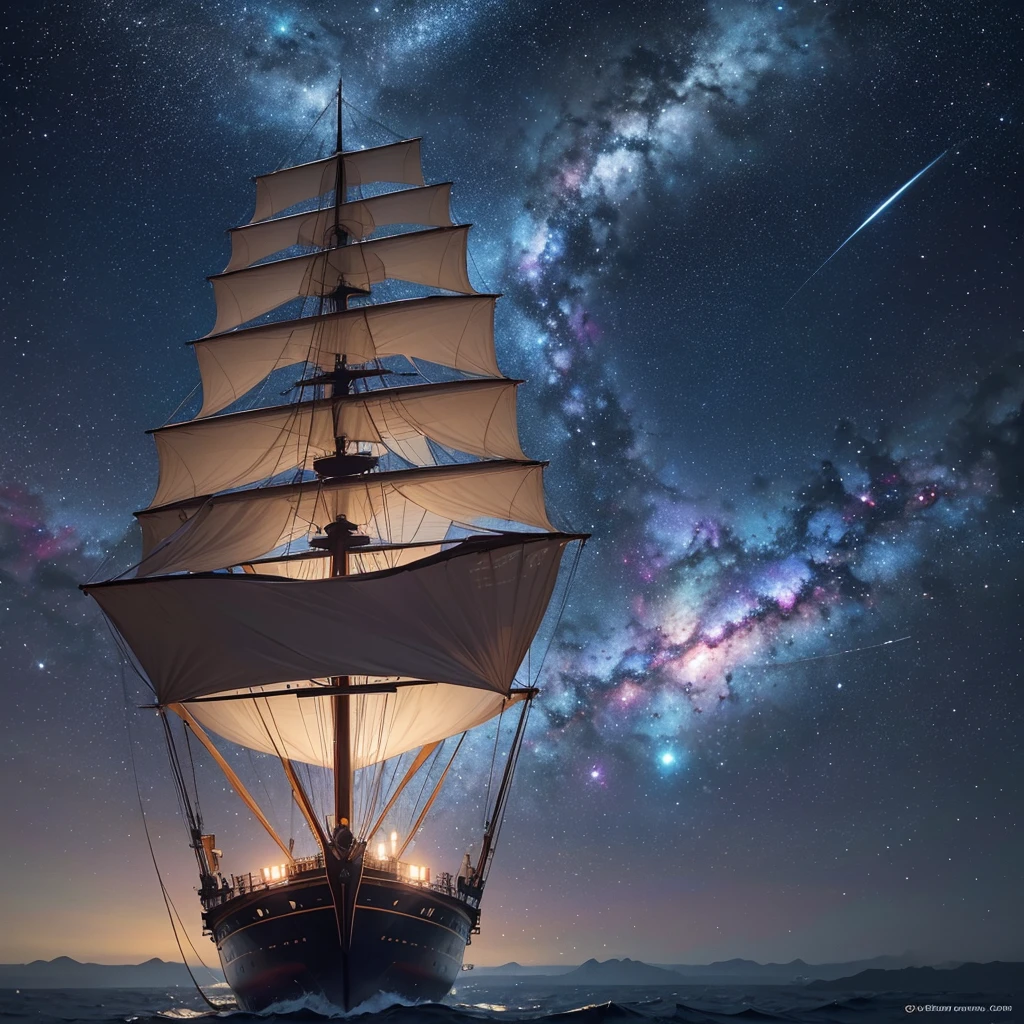 Create an extremely realistic and detailed image of a galaxy, as if it were a photograph taken by a high-definition telescope. The galaxy should feature a mix of vibrant colors, with clearly defined spiral arms filled with bright stars, colorful nebulas, and gas clouds. In the center of the image, include a detailed ship, such as a futuristic sailing ship, floating in space. The ship should have an intricate design, with translucent sails and complex structures, illuminated by the surrounding stars. The image should capture the vastness and beauty of the cosmos, combining elements of science fiction with astronomical reality in an impressive way.